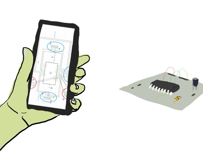 Eine Zeichnung mit einer Leiterplatte und einer Hand, die ein Smartphone hält, auf der ein Schema einer Leiterplatte dargestellt ist: 