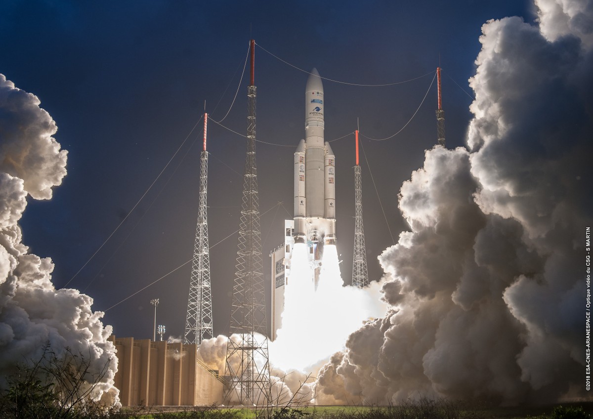 Start der Ariane 5 mit den mächtigen, seitlich montierten Feststoffraketen: Start der Ariane 5 mit den mächtigen, seitlich montierten Feststoffraketen