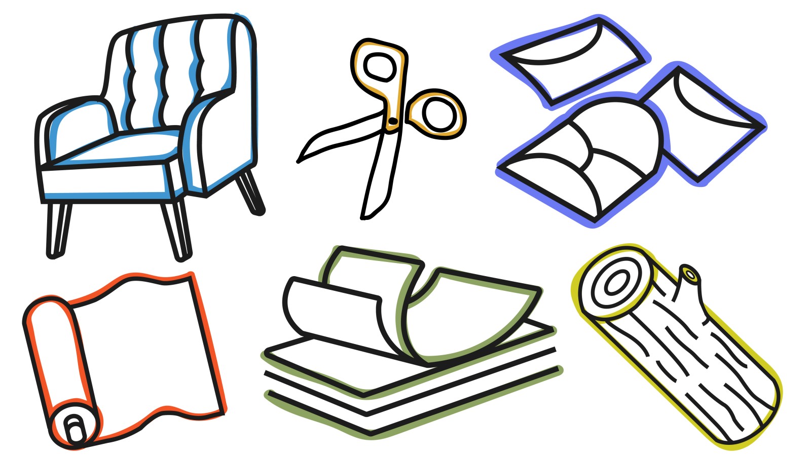 Bunte Zeichnungen von verschiedenen Materialien wie Stoff, Holz, Schere und Sessel auf weißem Hintergrund. Darunter steht auf blauem Balken in Großbuchstaben: „TECHNIK MACHT FERIEN“.: