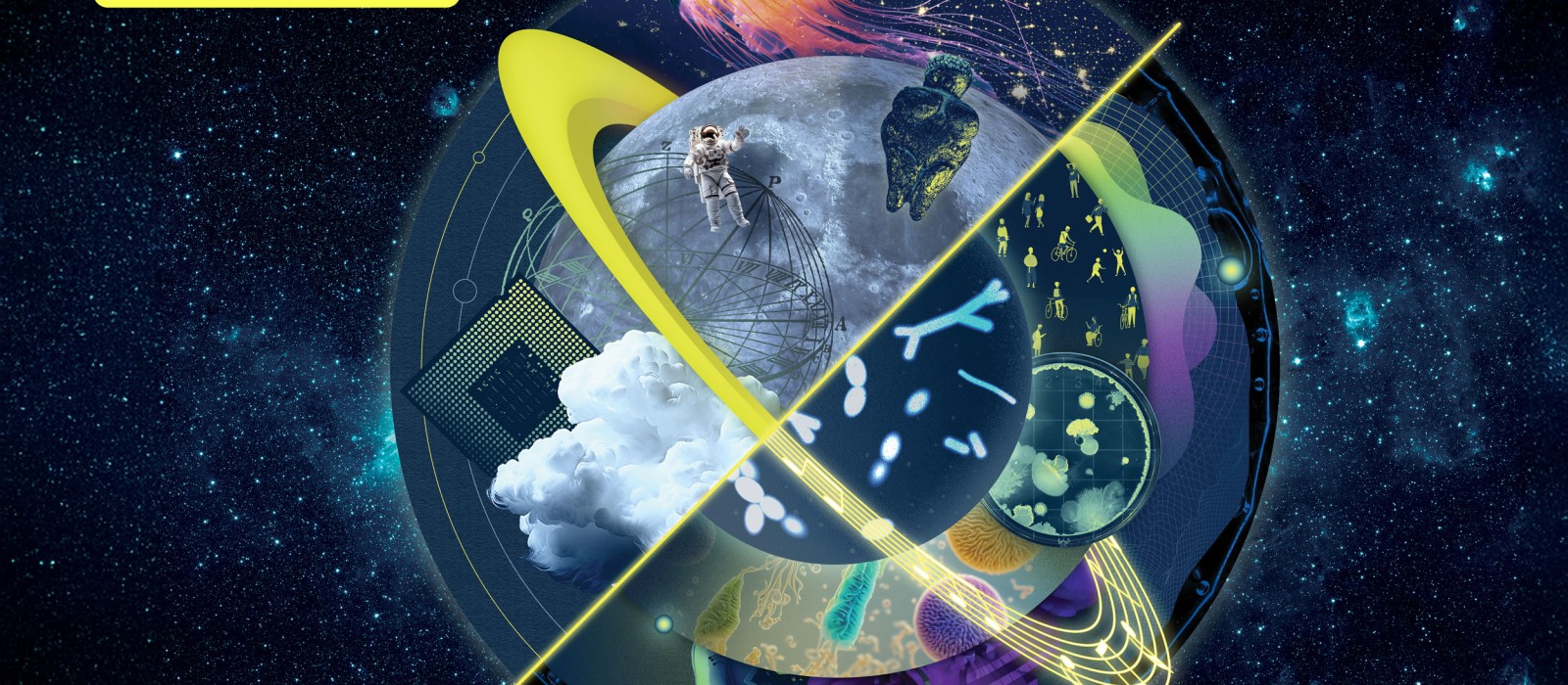 Keyvisual zur „Langen Nacht der Forschung“: Eine leuchtende Kugel im Weltraum vereint Motive aus Wissenschaft und Technik, darunter Astronaut, Mikroorganismen, Quallen, Wolken, Satellitenschüssel und Diagramme; links oben steht das Logo „Lange Nacht der Forschung“.: 