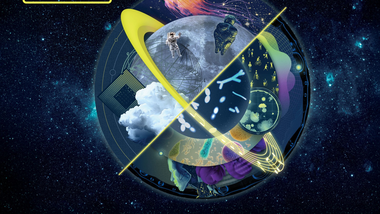 Keyvisual zur „Langen Nacht der Forschung“: Eine leuchtende Kugel im Weltraum vereint Motive aus Wissenschaft und Technik, darunter Astronaut, Mikroorganismen, Quallen, Wolken, Satellitenschüssel und Diagramme; links oben steht das Logo „Lange Nacht der Forschung“.: 