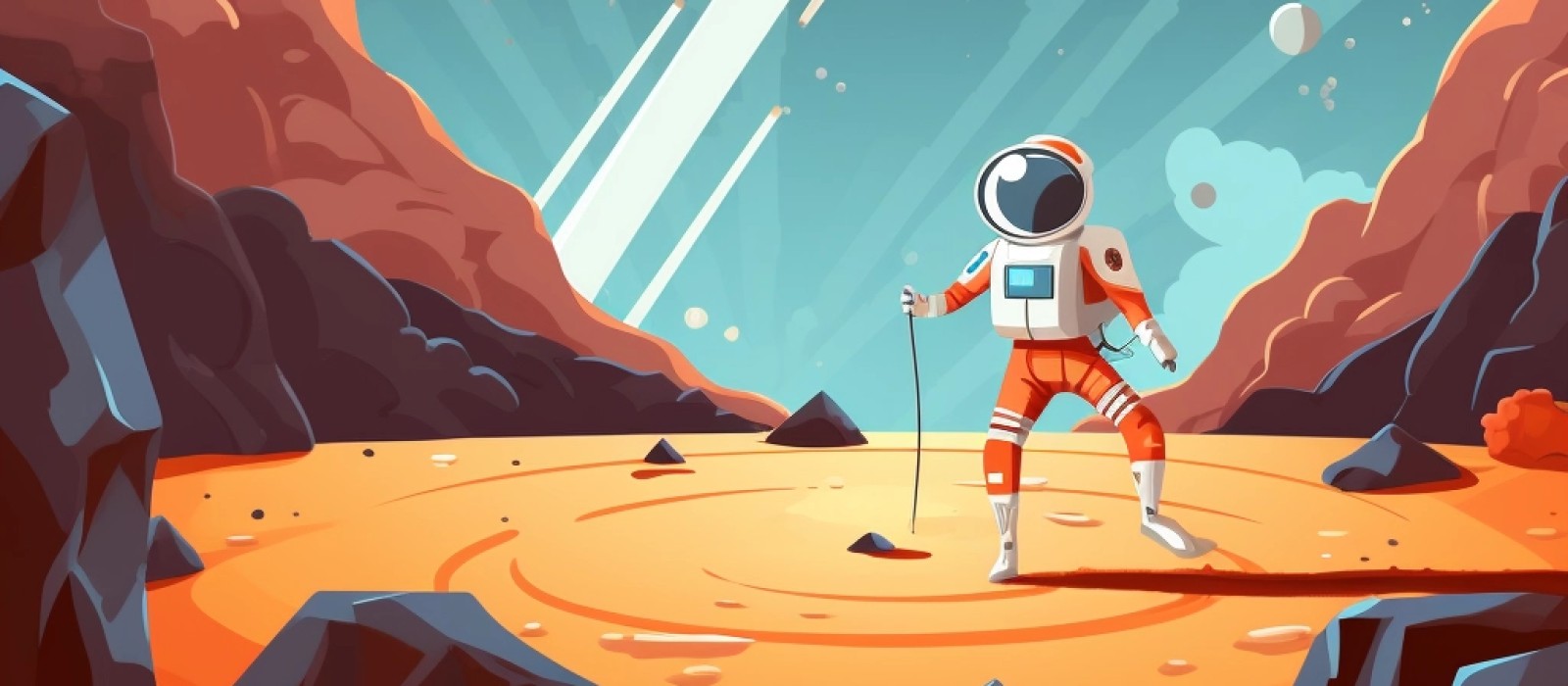 Ein Astronaut im Weltraum mit einer Rakete im Hintergrund: 