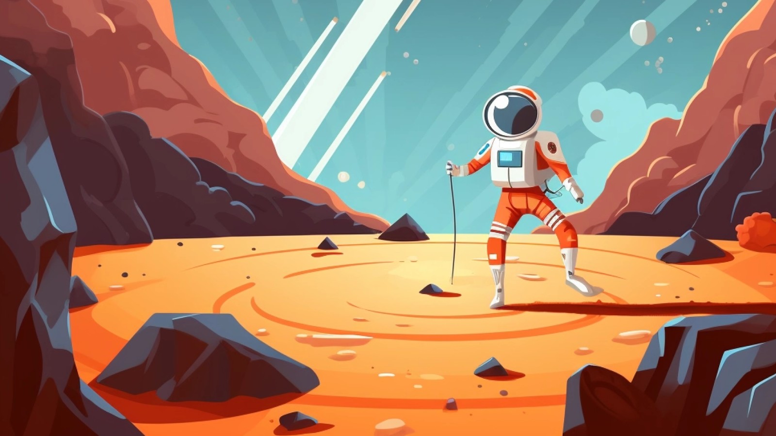 Ein Astronaut im Weltraum mit einer Rakete im Hintergrund: 