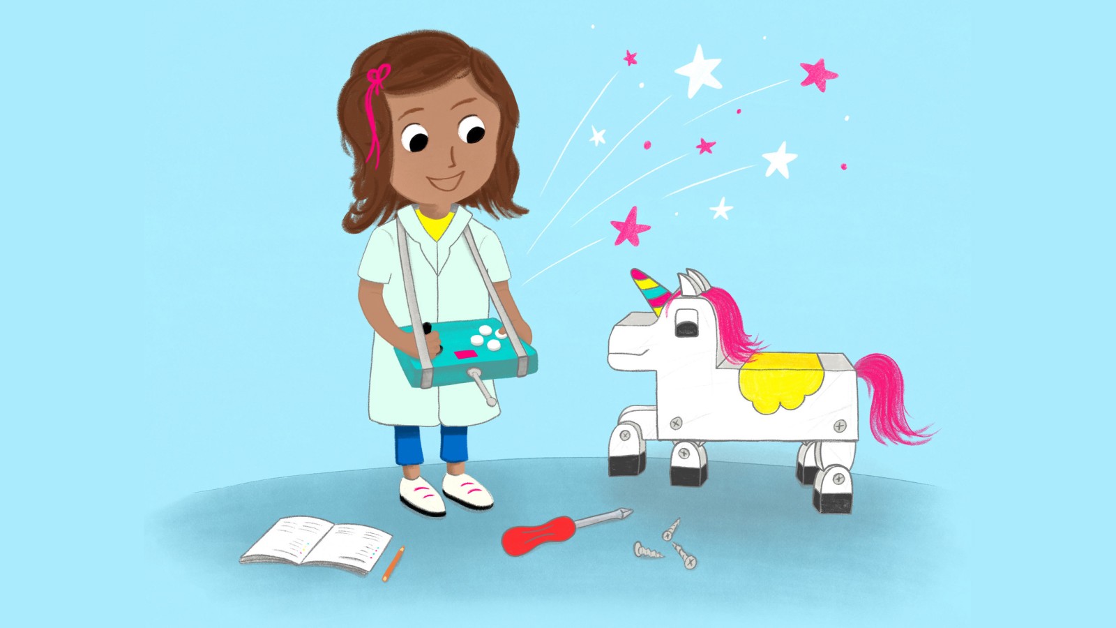 Illustration eines Mädchens, das neugierig mit einem selbstgebauten Pferd experimentiert.: 