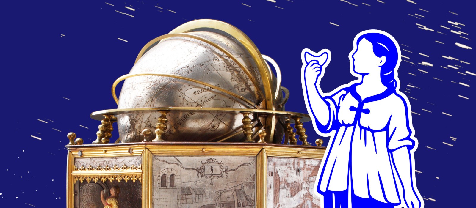 Detailansicht der historischen Imser Uhr mit verzierter Oberfläche und Weltkugel; daneben eine grafische, blau-weiße Illustration einer Frau vor einem sternartigen Hintergrund.: 