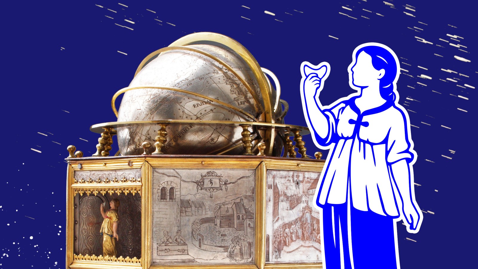 Detailansicht der historischen Imser Uhr mit verzierter Oberfläche und Weltkugel; daneben eine grafische, blau-weiße Illustration einer Frau vor einem sternartigen Hintergrund.: 