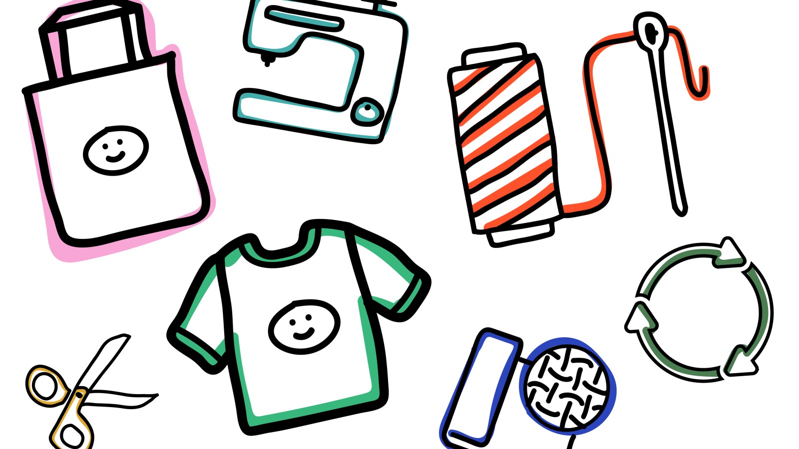 Bunte Zeichnungen von verschiedenen Textil Mittel.: