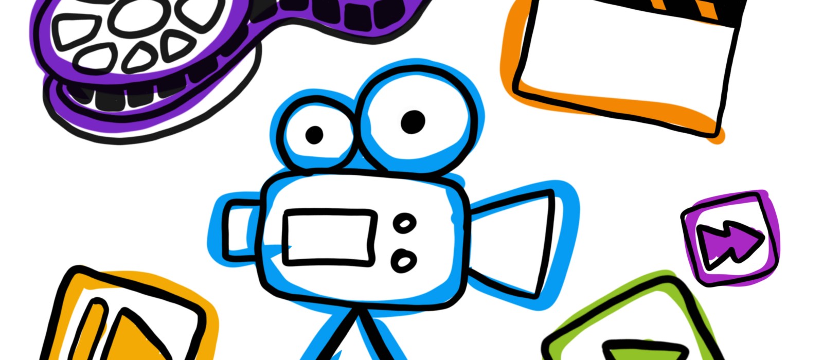 Bunte Illustration mit filmbezogenen Symbolen wie Filmrolle, Kamera, Klappe und Play-Buttons.: 
