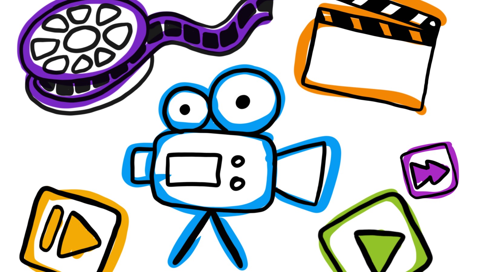 Bunte Illustration mit filmbezogenen Symbolen wie Filmrolle, Kamera, Klappe und Play-Buttons.: 