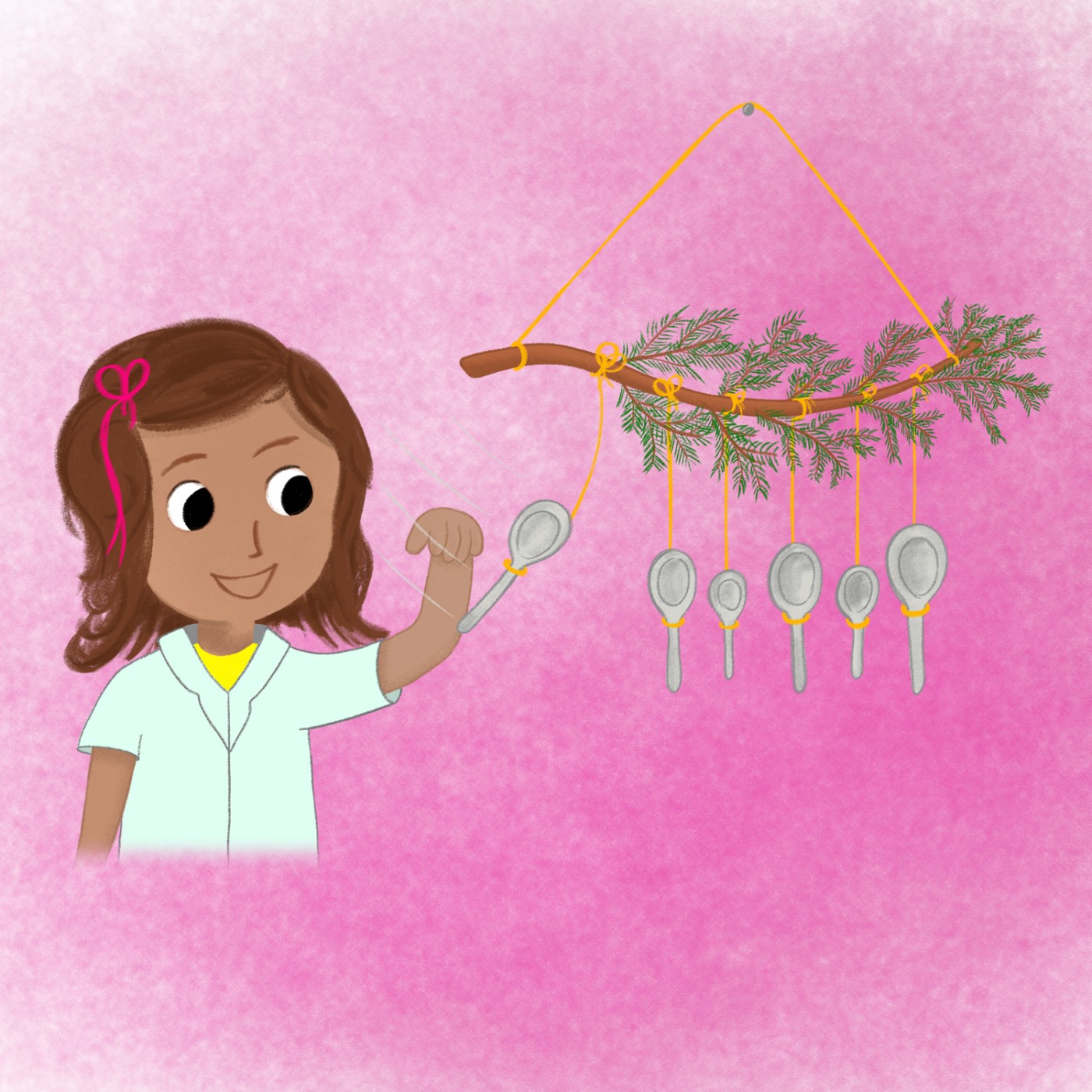 Eine Illustration zeigt ein Mädchen, das zwei bunte selbstgebastelte Weihnachtsanhänger in den Händen hält; über ihr hängt ein dekorierter Zweig mit roter Schleife und einer blauen Kugel.: 