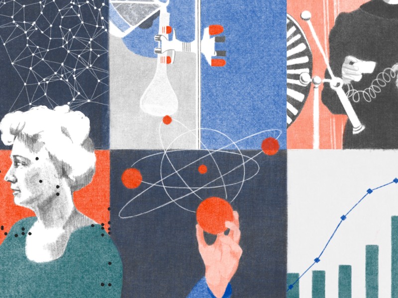 Eine grafische Collage mit wissenschaftlichen Motiven wie einem Atommodell, einem Telefon, einem Diagramm und einem Porträt einer Frau 2: 