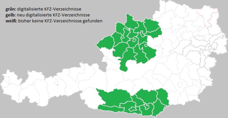 Überblickskarte der digitalisierten Kraftfahrzeugverzeichnisse „Österreich 1950–1953“: Überblickskarte der digitalisierten Kraftfahrzeugverzeichnisse „Österreich 1950–1953“