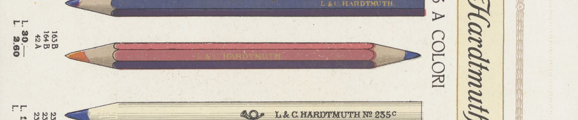 Advertising brochure of the company L. C. Hardtmuth around 1930, showing three coloured pencils: 