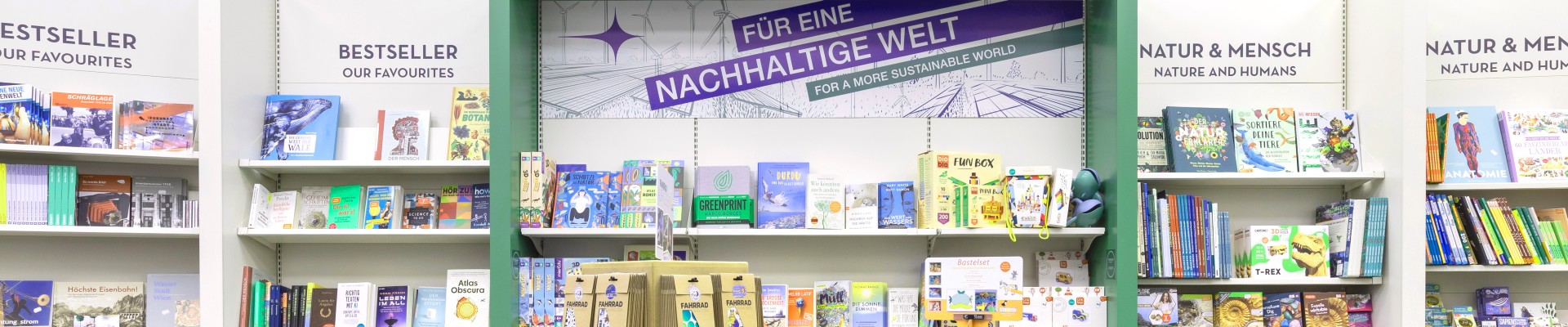 TMW Shop with white shelves packed full of books, games and craft kits: 