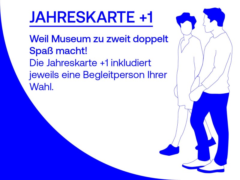 Illustrierte Werbung für die „Jahreskarte +1“ mit zwei gemeinsam gehenden Personen – betont wird, dass bei jedem Besuch eine Begleitperson nach Wahl inkludiert ist.: 