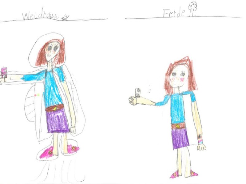 : Die Schüler_innen brachten Zeichnungen von Alltagssituationen mit – heute und hier auf der Erde und wie sie sich diese im Weltall vorstellen.
 