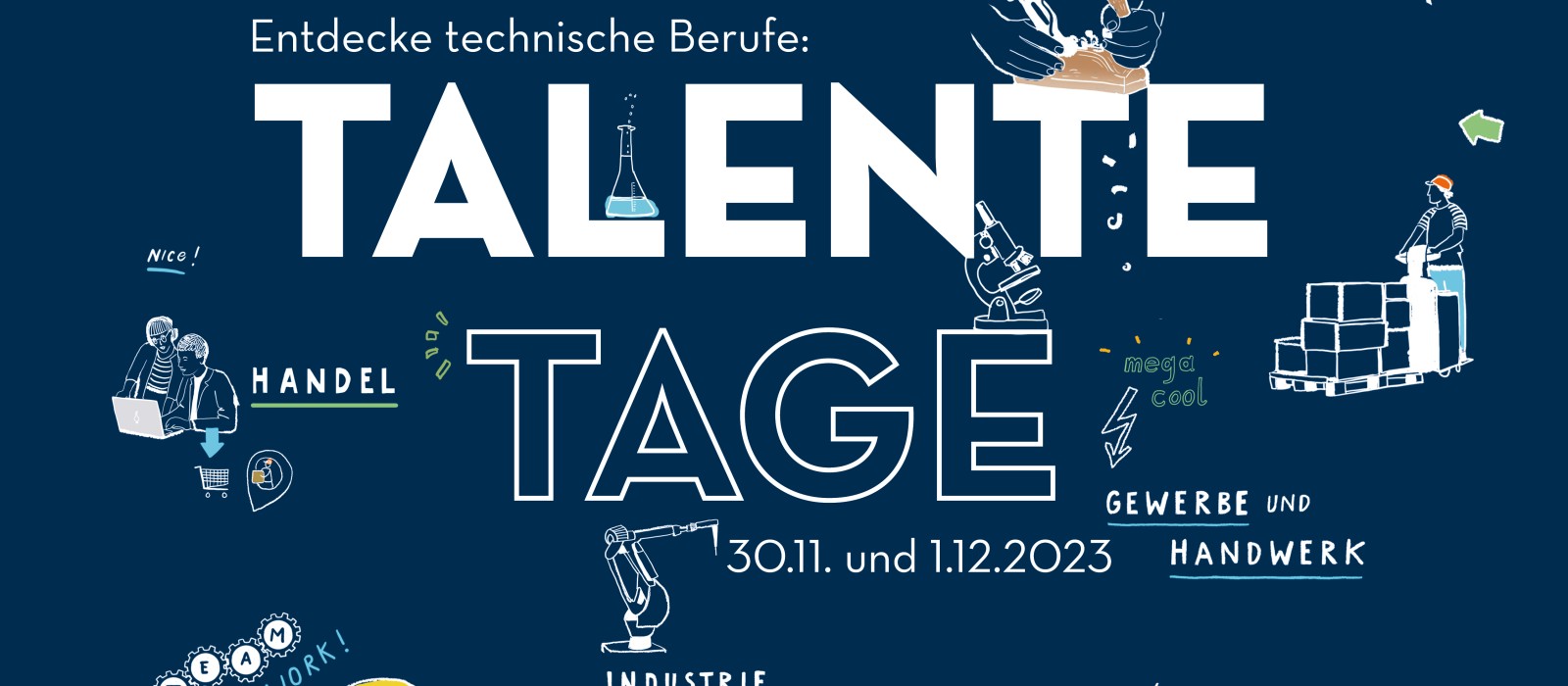 Sujet Talentetage 2023, Bild mit Grafiken zu beteiligten Branchen und Datum: 