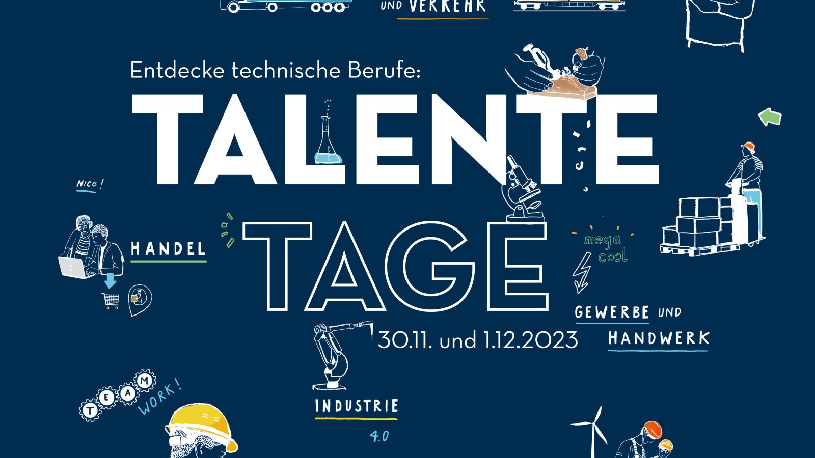 Sujet Talentetage 2023, Bild mit Grafiken zu beteiligten Branchen und Datum: 