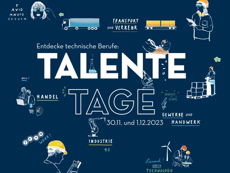 Sujet Talentetage 2023, Bild mit Grafiken zu beteiligten Branchen und Datum: 