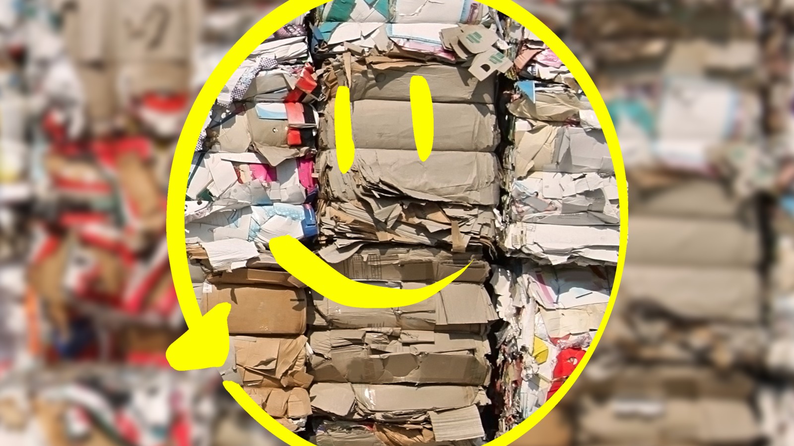 Ein Smiley mit Recyclingpfeil auf gepresstem Altpapier.: