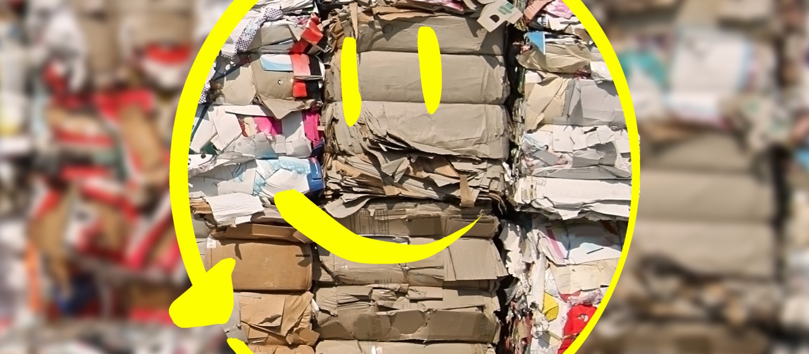 Ein Smiley mit Recyclingpfeil auf gepresstem Altpapier.: