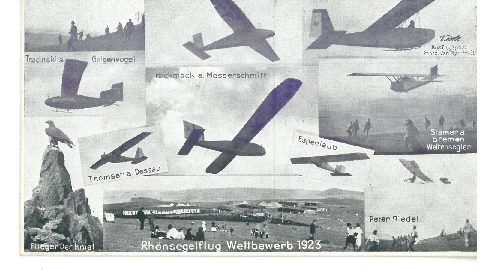 Rhön-Segelflugwettbewerb 1923. Postkarte mit rückseitigem Abonnement-Aufruf zur Unterstützung der Zeitschrift „Flugsport“