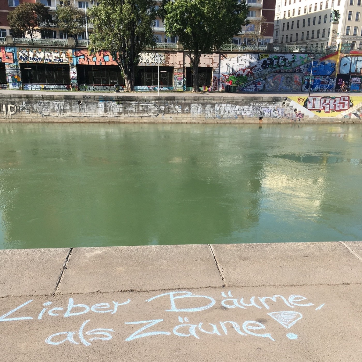Wiener Donaukanal: Kreideschrift am Asphalt "Lieber Bäume als Zäune": 