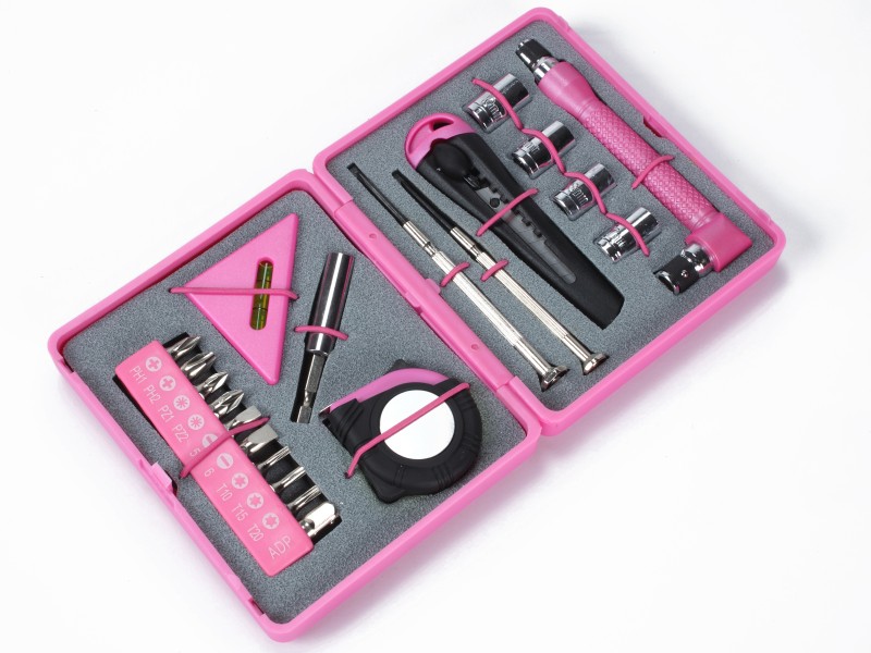 Eine Toolbox mit Werkzeuge in Pink: 