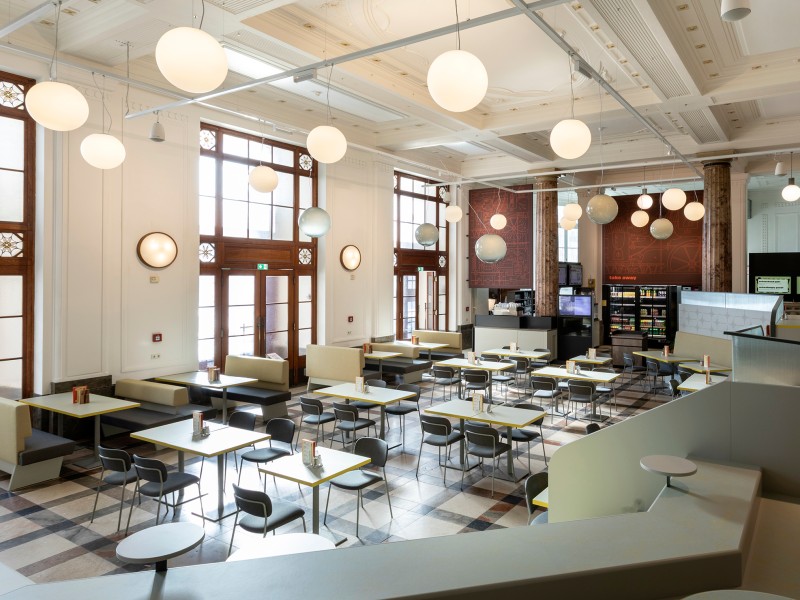 Interior view of the tmw café at the Vienna Museum of Science and Technology: 