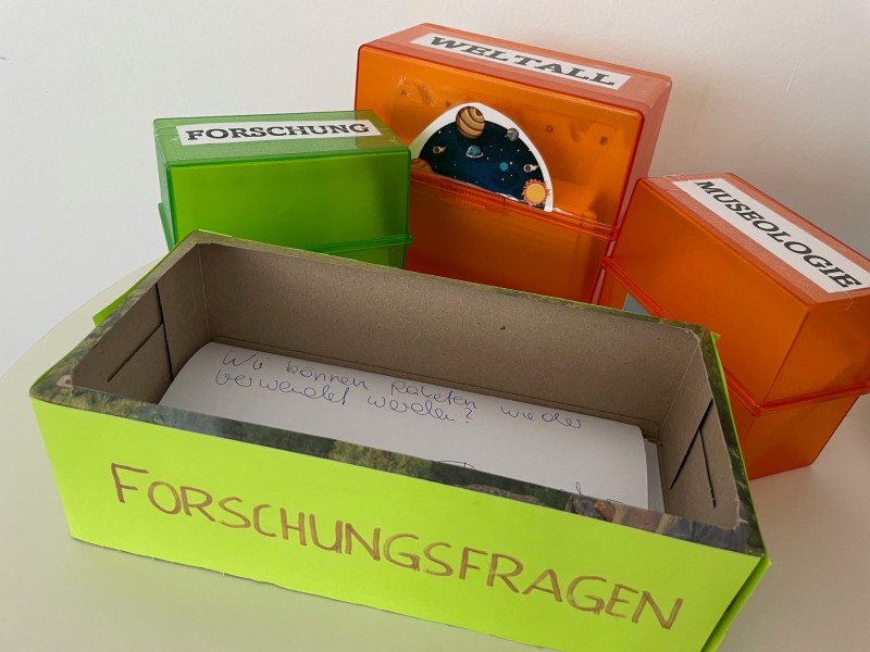 Boxen mit Impulsfragen zur gemeinsamen Findung von Forschungsfragen: Die Mission Control sammelt Forschungsfragen zum Thema Space und definiert wichtige Begriffe aus den Kategorien Museologie, Forschung und Weltall.