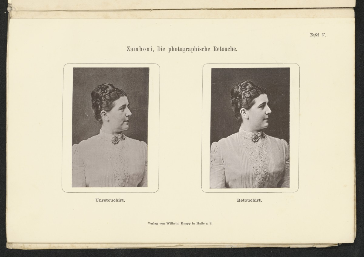 Damenporträt vor und nach der Retusche, aus: Carl Zamboni, Anleitung zur Positiv- und Negativ-Retouche, Halle an der Saale, 1888