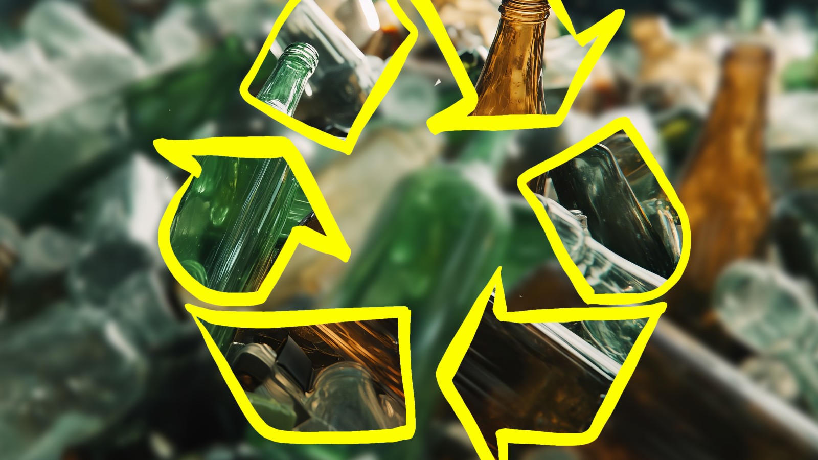 Gelbes Recycling-Symbol über einem Haufen Altglasflaschen.: 