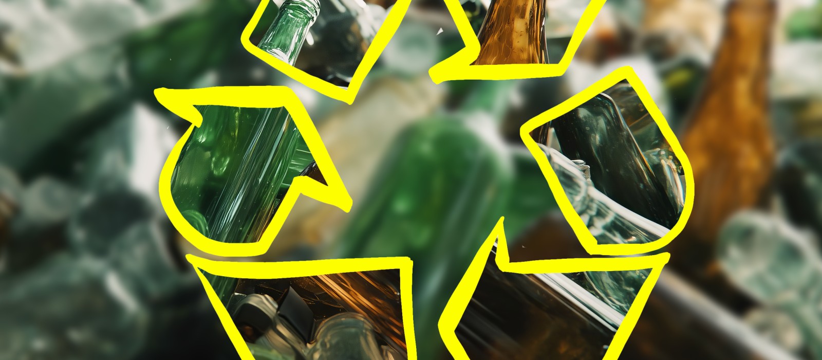 Gelbes Recycling-Symbol über einem Haufen Altglasflaschen.: 