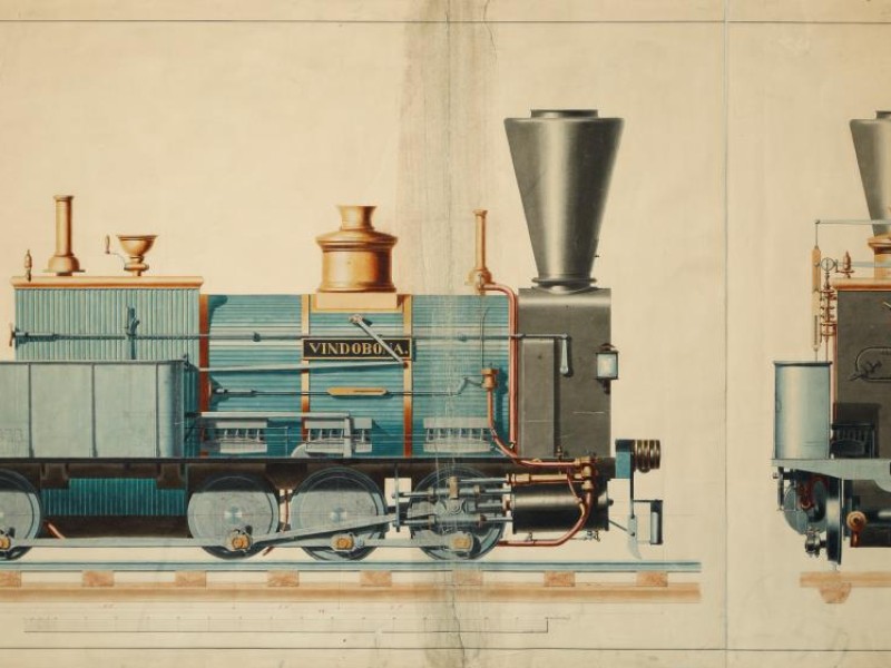 Dampflokomotive Vindobona, kolorierte technische Zeichnung, 1851 : Dampflokomotive Vindobona, kolorierte technische Zeichnung, 1851 