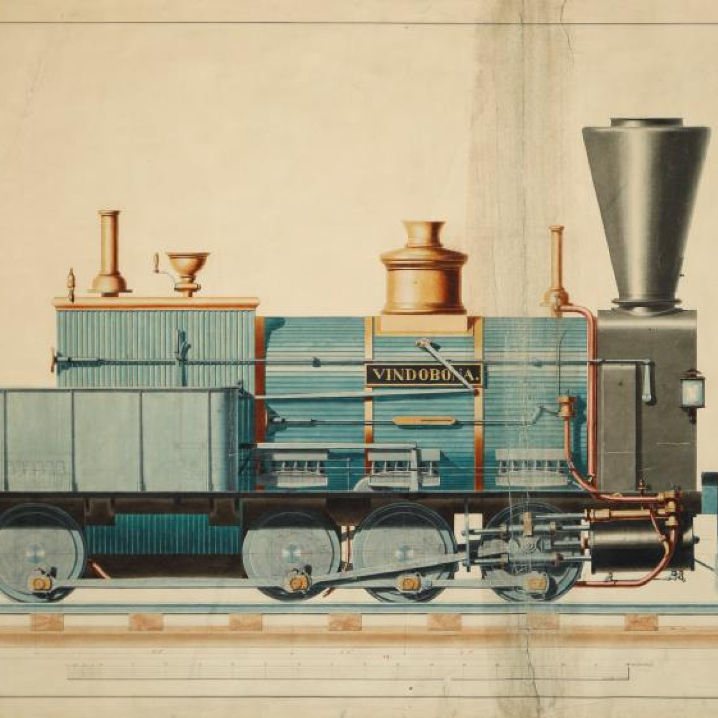 Vindobona steam locomotive, colored technical drawing, 1851: Vindobona steam locomotive, colored technical drawing, 1851