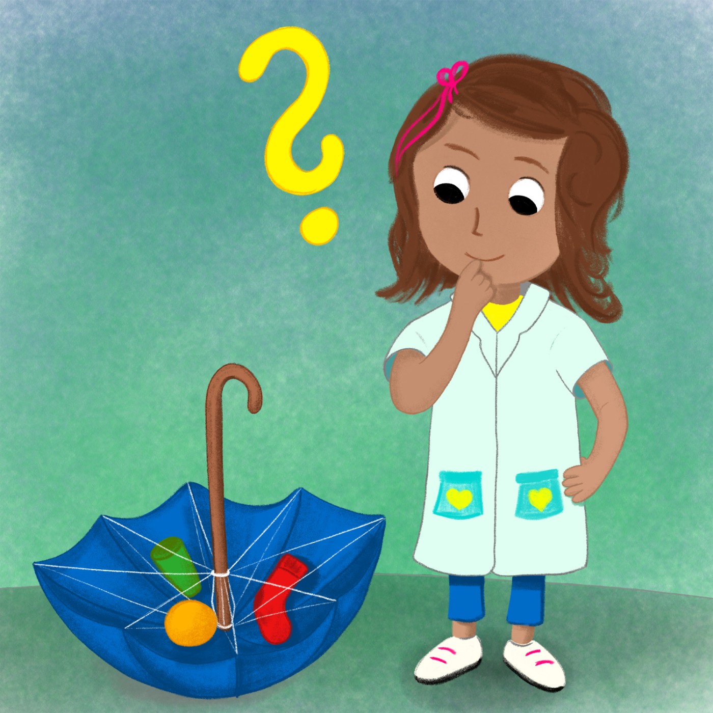 Illustration eines nachdenklichen Mädchens neben einem umgedrehten Regenschirm, in dem verschiedene Gegenstände liegen; darüber schwebt ein großes gelbes Fragezeichen.: 