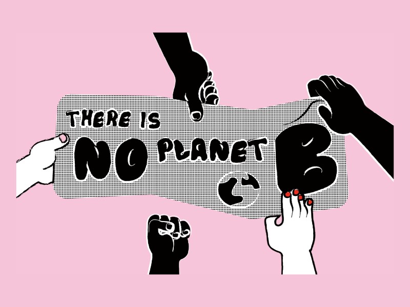 Hände, die ein Schild halten mit der Aufschrift "Planet B"?: 