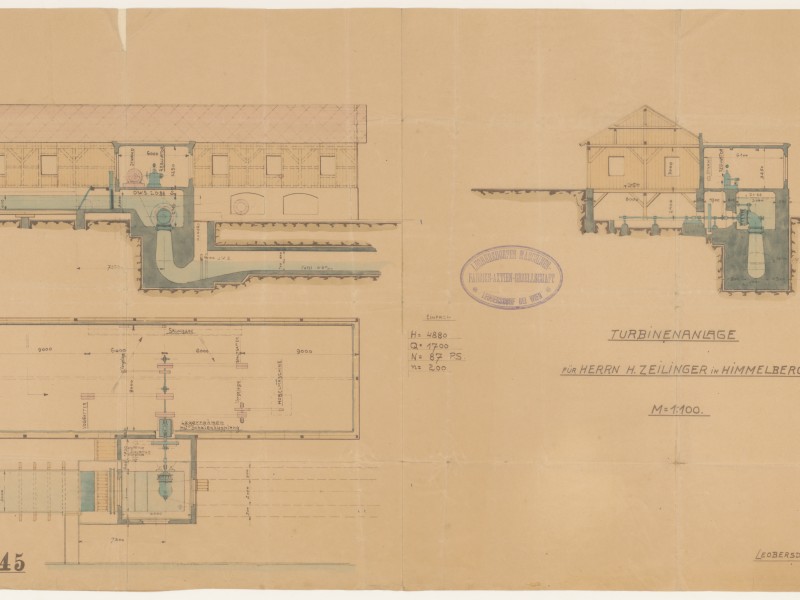 Turbinenanlage in Himmelberg, handkolorierte Lichtpause, nicht signiert, 1918: Turbinenanlage in Himmelberg, handkolorierte Lichtpause, nicht signiert, 1918
