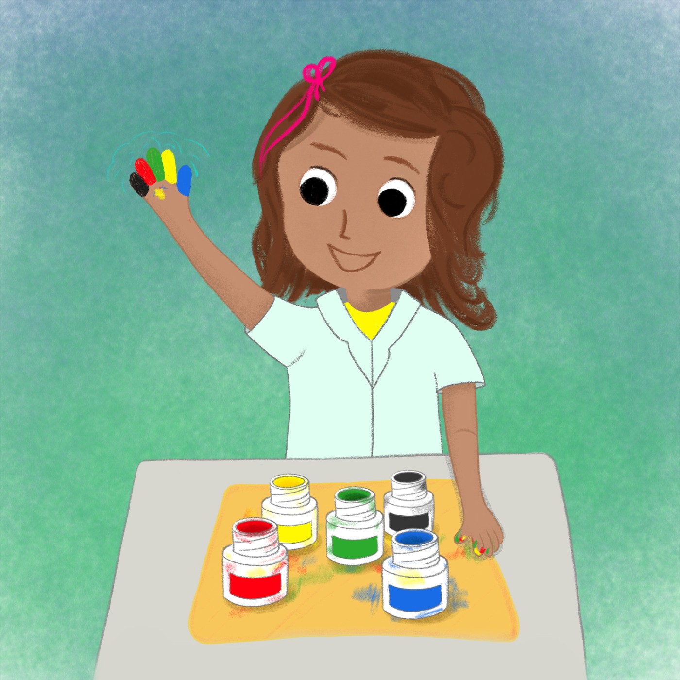 Mia Mutig spielt mit bunten Fingerfarben.: 