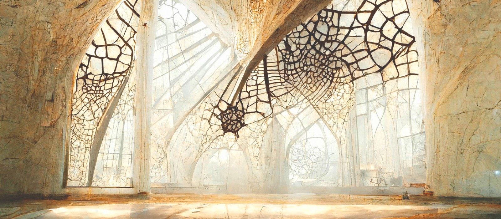 Von KI erstelltes Bild zum Thema der Ausstellung "BioInspiration" im Technischen Museum Wien, das einen gotisch geformten Arkadengang zeigt, der einem Spinnennetz ähnelt.
