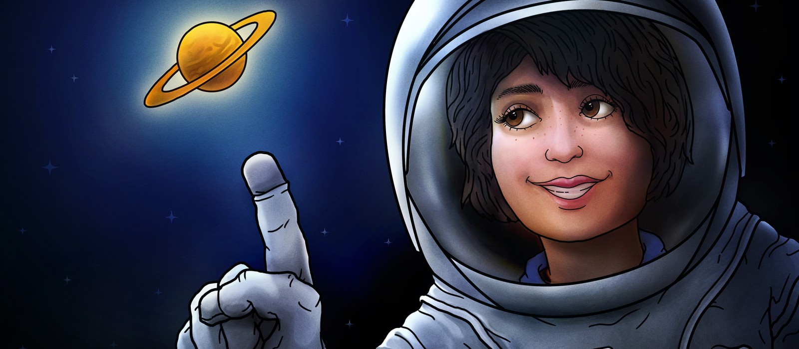 : A woman astronaut points to planet Saturn