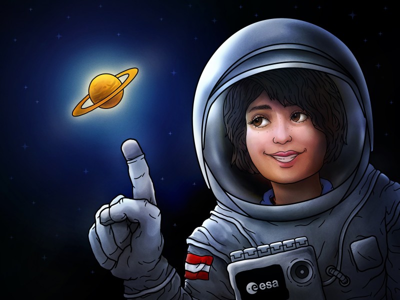 : A woman astronaut points to planet Saturn