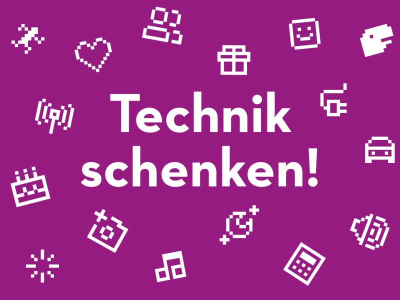 Eine dekorative Illustration mit dem Text "Technik schenken!" für eine Jahreskarte.digital: 