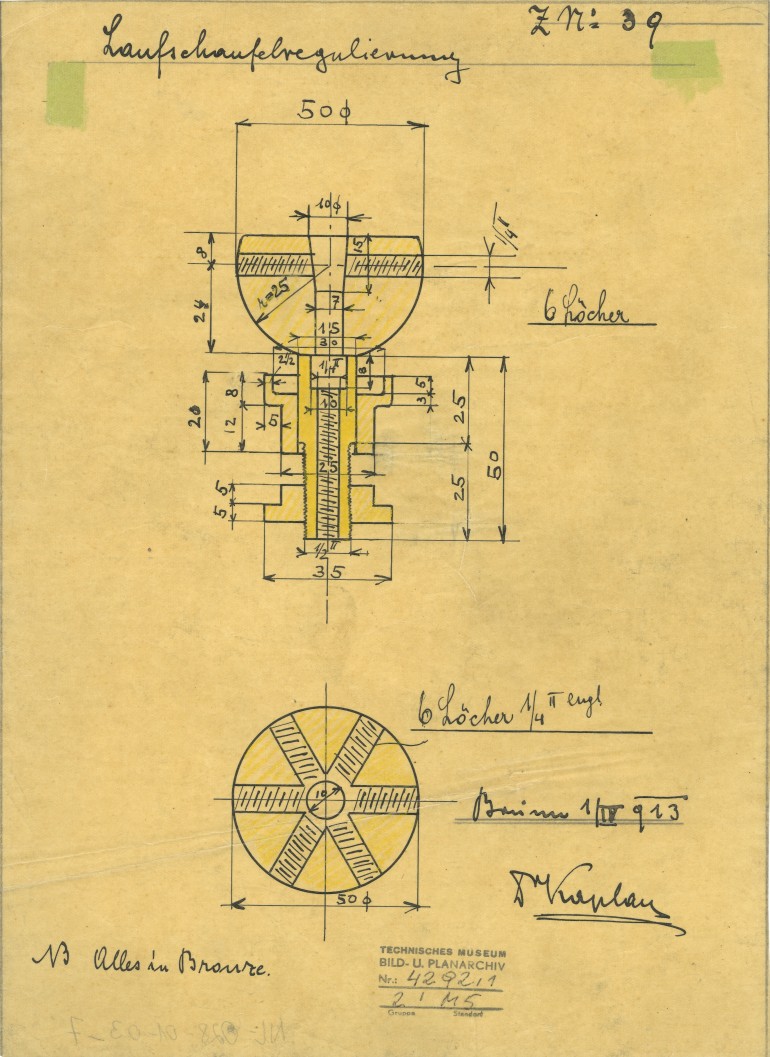 Viktor Kaplan: Laufschaufelregulierung, Skizze, 1912: Viktor Kaplan: Laufschaufelregulierung, Skizze, 1912