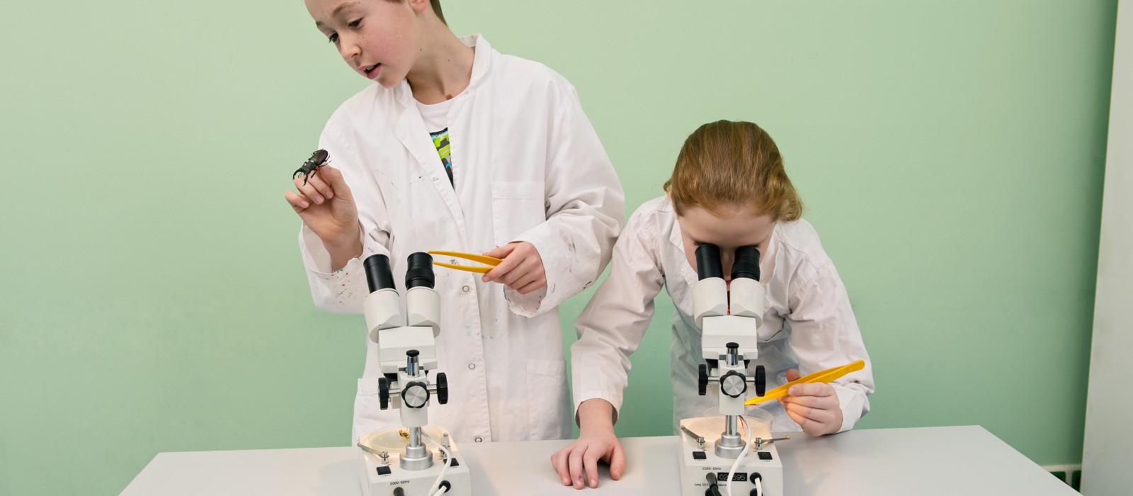 EIn Kind im Laborkittel beschäftigt sich im Rahmen des Workshops "Bionic" mit den verschiedenen Oberflächen. Ein anderes Kind beobachtet durch ein Mikroskop mehrere Dinge. : 