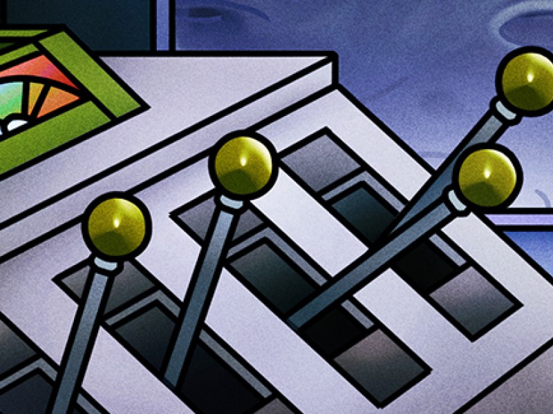 A comic drawing showing an interior of a space habitat and a view from its window on a planet, where it's situated: 
