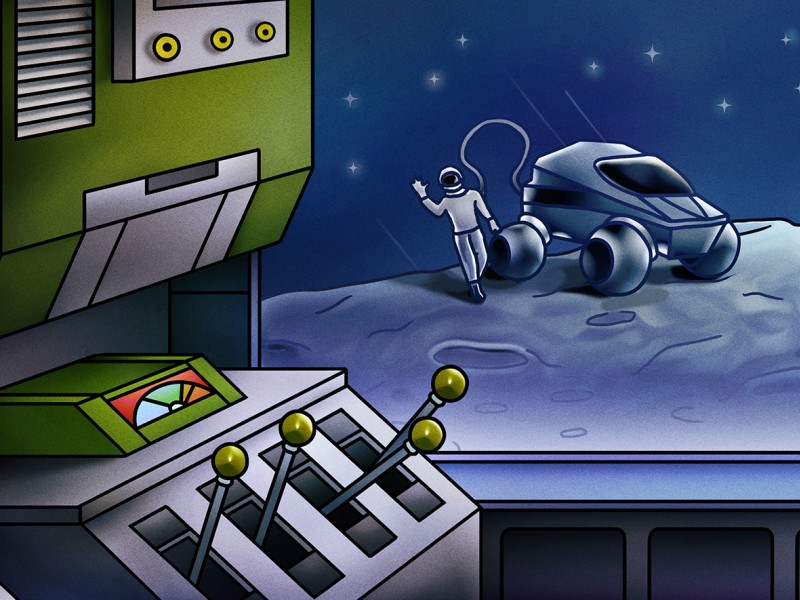 Eine Comic-Zeichnung, die das Innere eines Weltraum-Habitats und einen Blick aus dem Fenster auf einen Planeten zeigt, auf dem es sich befindet: 