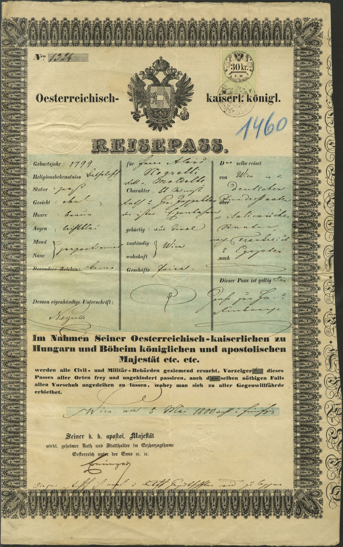 K. k. Reisepass von Alois Negrelli, ausgestellt am 5. Mai 1858 in Wien: K. k. Reisepass von Alois Negrelli, ausgestellt am 5. Mai 1858 in Wien