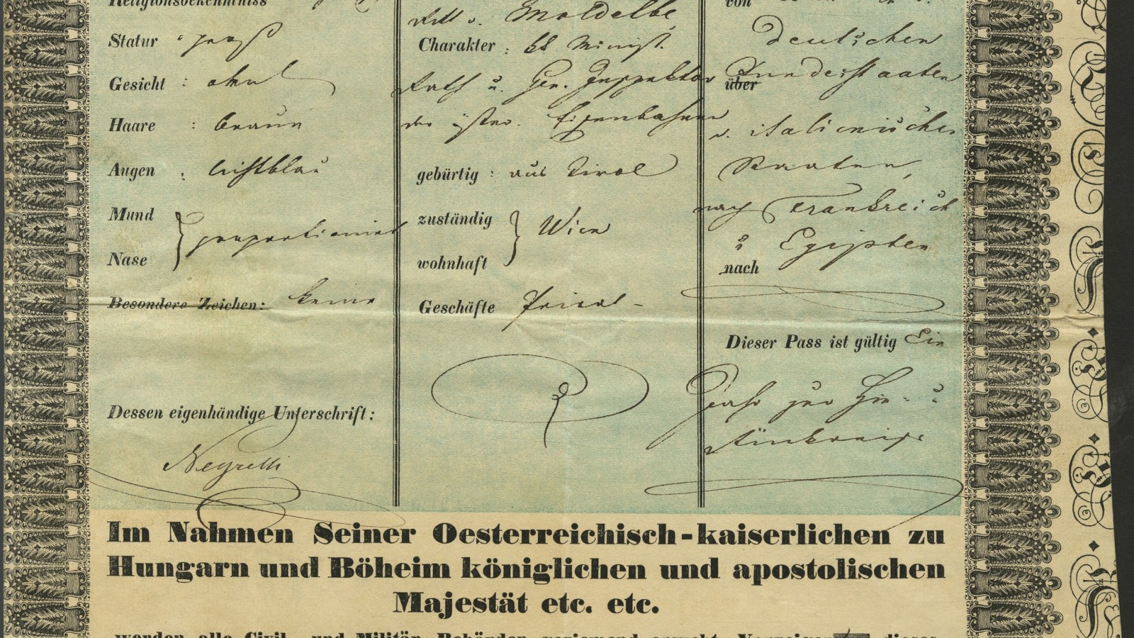 K. k. Reisepass von Alois Negrelli, ausgestellt am 5. Mai 1858 in Wien