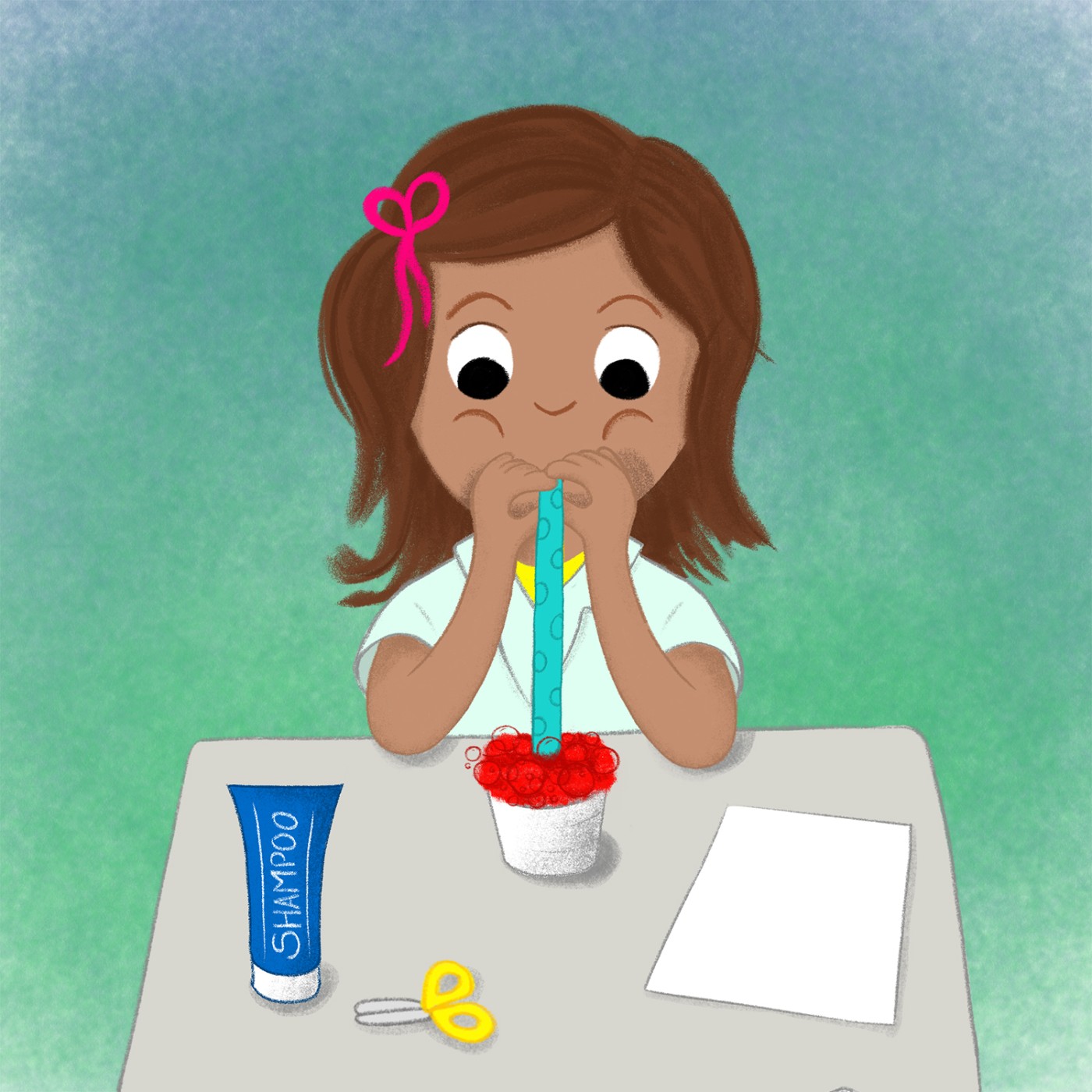 Illustration eines Mädchens, das durch einen blauen Trinkhalm in einen Becher mit roter Flüssigkeit bläst; auf dem Tisch liegen eine Tube mit der Aufschrift „Shampoo“, eine Schere und ein Blatt Papier.: 